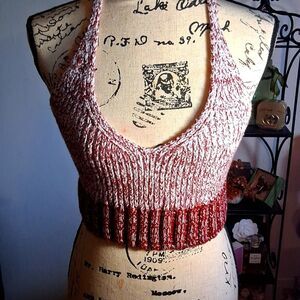 FREE PEOPLE Knit Halter Top - Burgundy and White Size Small Petite